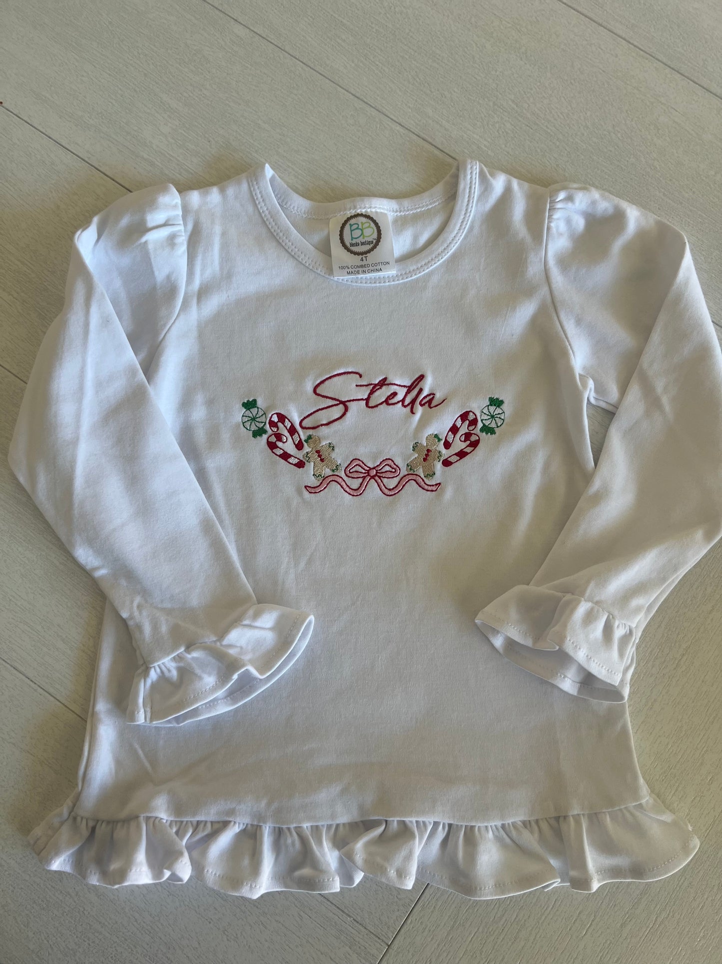 Gingerbread Embroidered Long Sleeve Ruffle Tee