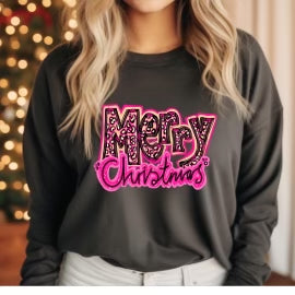 Pink Leopad Merry Christmas Adult Long Sleeve Tee